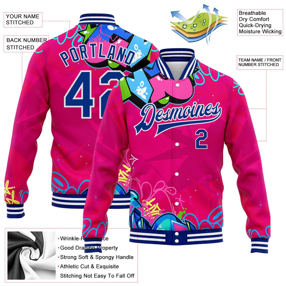 Custom Graffiti Pattern Royal White Hiphop Abstract Urban Street Art 3D Bomber Full Snap Baseball Jacket, Custom Team Jacket