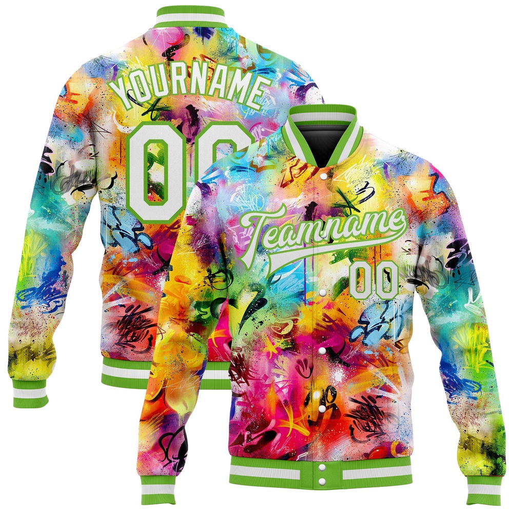 Custom Graffiti Pattern White Neon Green Scratch 3D Bomber Full Snap Baseball Jacket, Custom Team Jacket