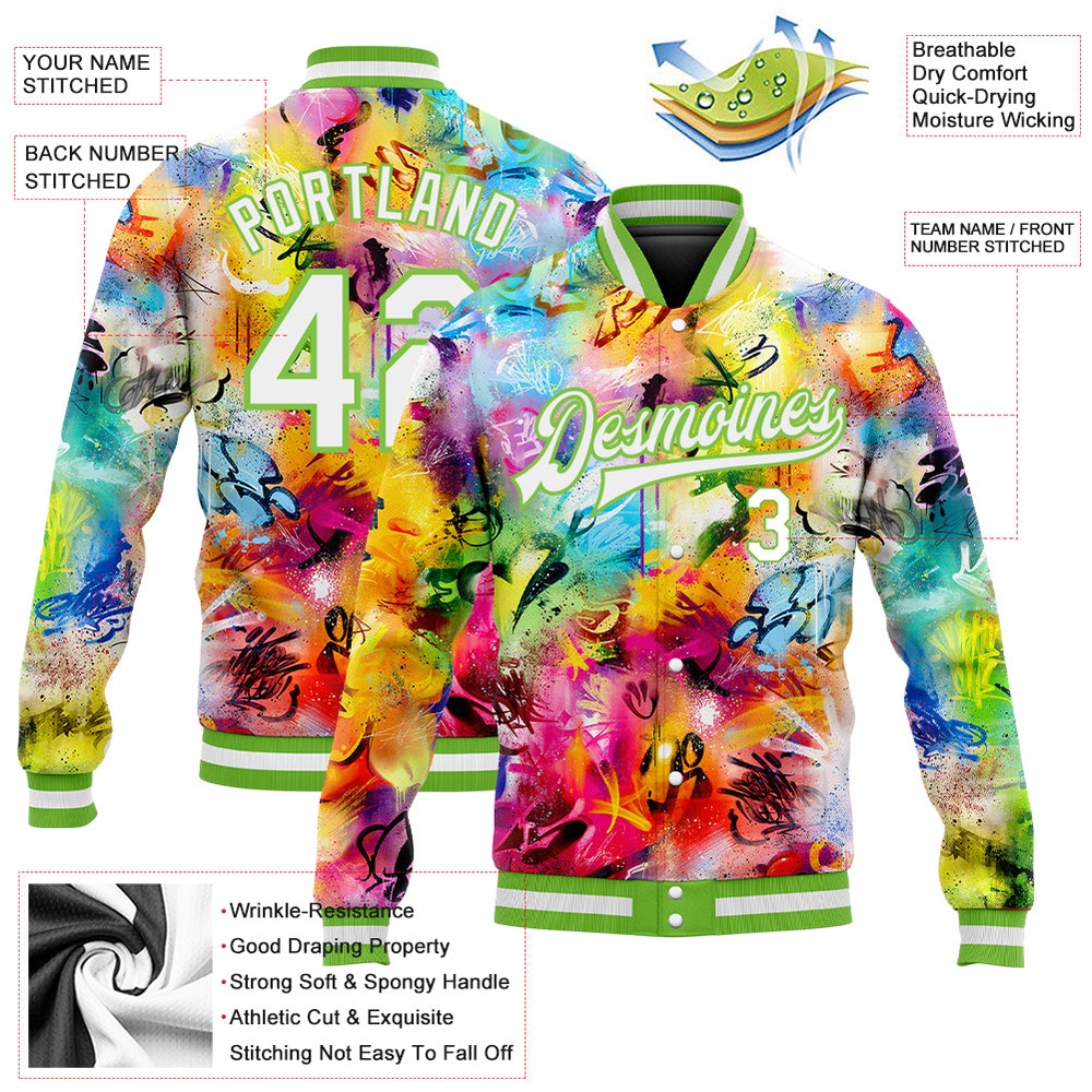 Custom Graffiti Pattern White Neon Green Scratch 3D Bomber Full Snap Baseball Jacket, Custom Team Jacket