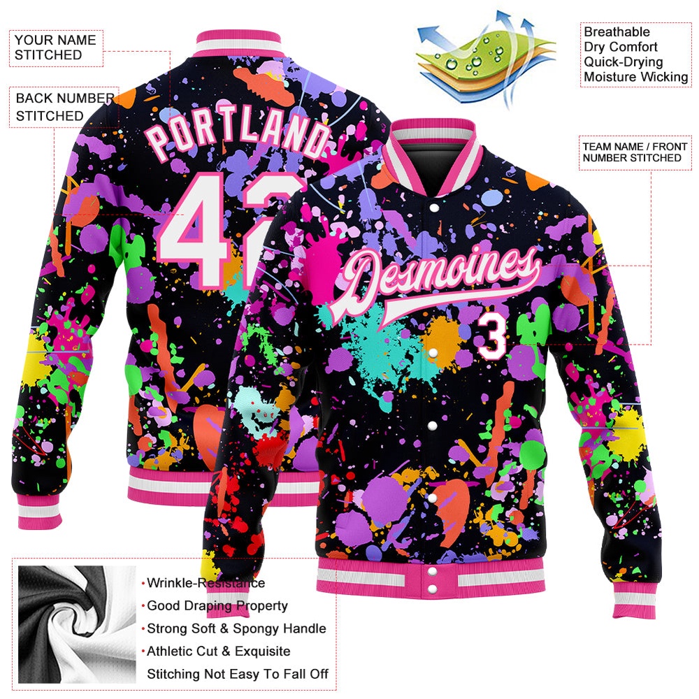Custom Graffiti Pattern White Pink Splashes 3D Bomber Full Snap Baseball Jacket, Custom Team Jacket