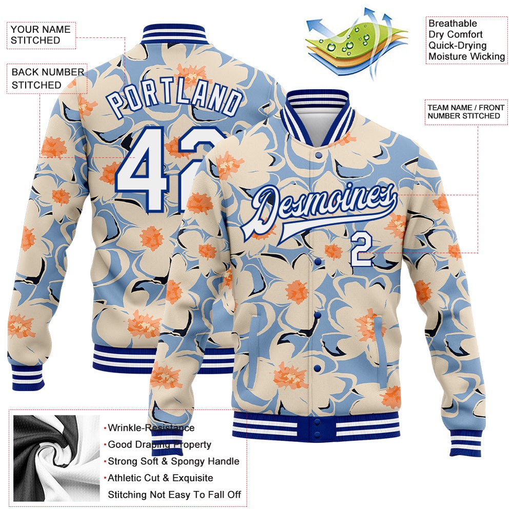 Custom Graffiti Pattern White Royal Flower Pastoral Style 3D Bomber Full Snap Baseball Jacket, Custom Team Jacket