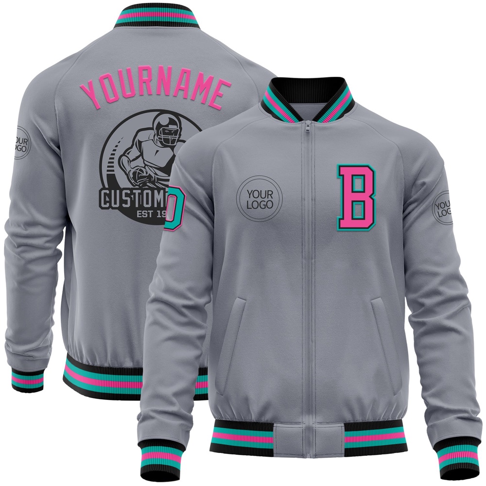 Custom Gray Aqua Black Pink Bomber Varsity Letterman Zipper Jacket, Custom Team Jacket