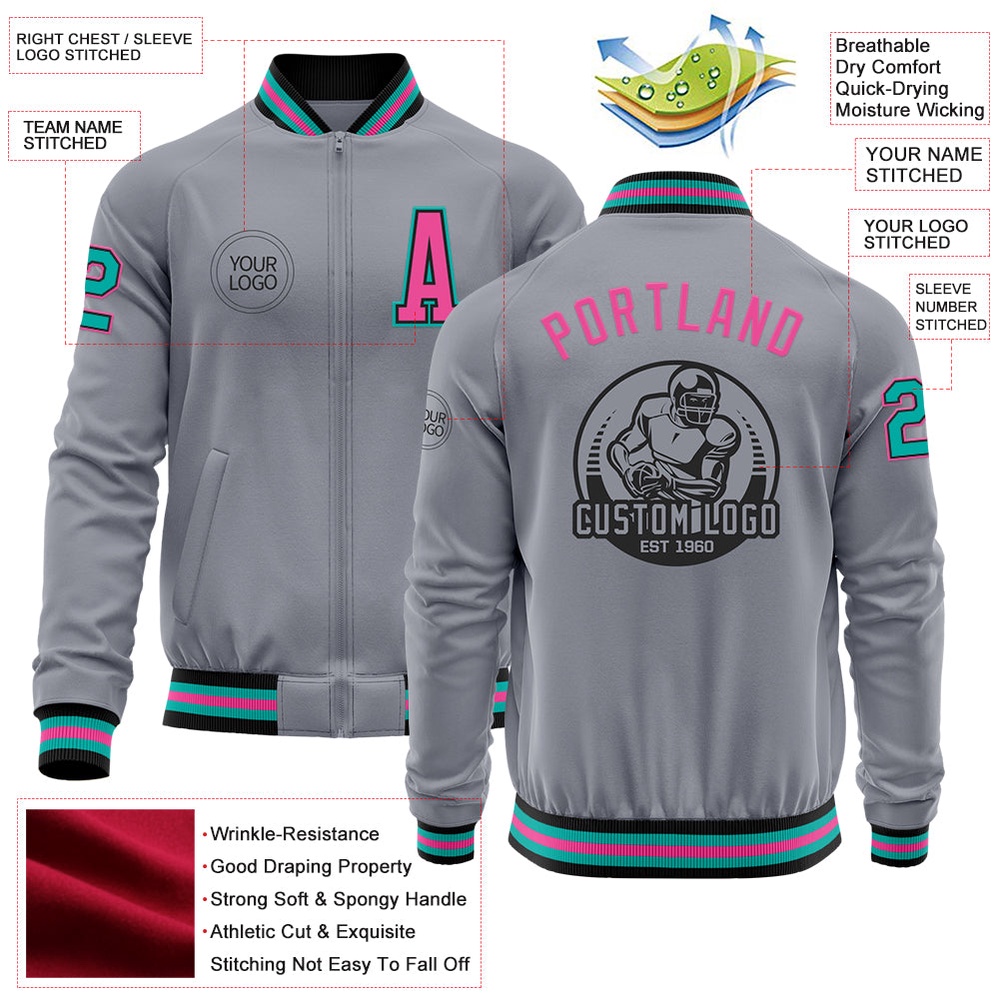 Custom Gray Aqua Black Pink Bomber Varsity Letterman Zipper Jacket, Custom Team Jacket