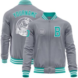 Custom Gray Aqua White Bomber Varsity Baseball&hellip;