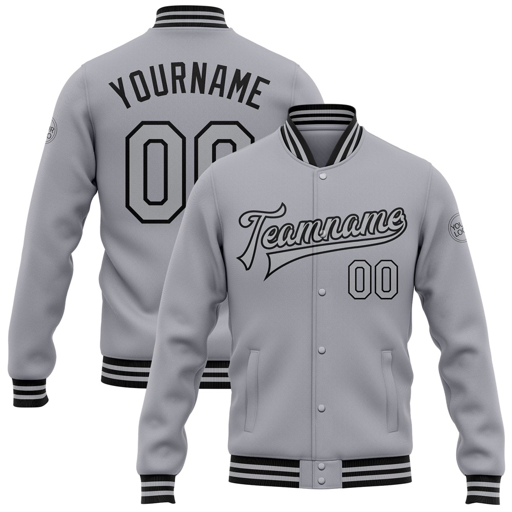 Custom Gray Black Bomber Full Snap Baseball Jacket, Custom Team Jacket