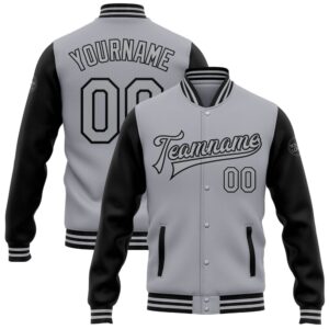 Custom Gray Black Bomber Full Snap Varsity&hellip;
