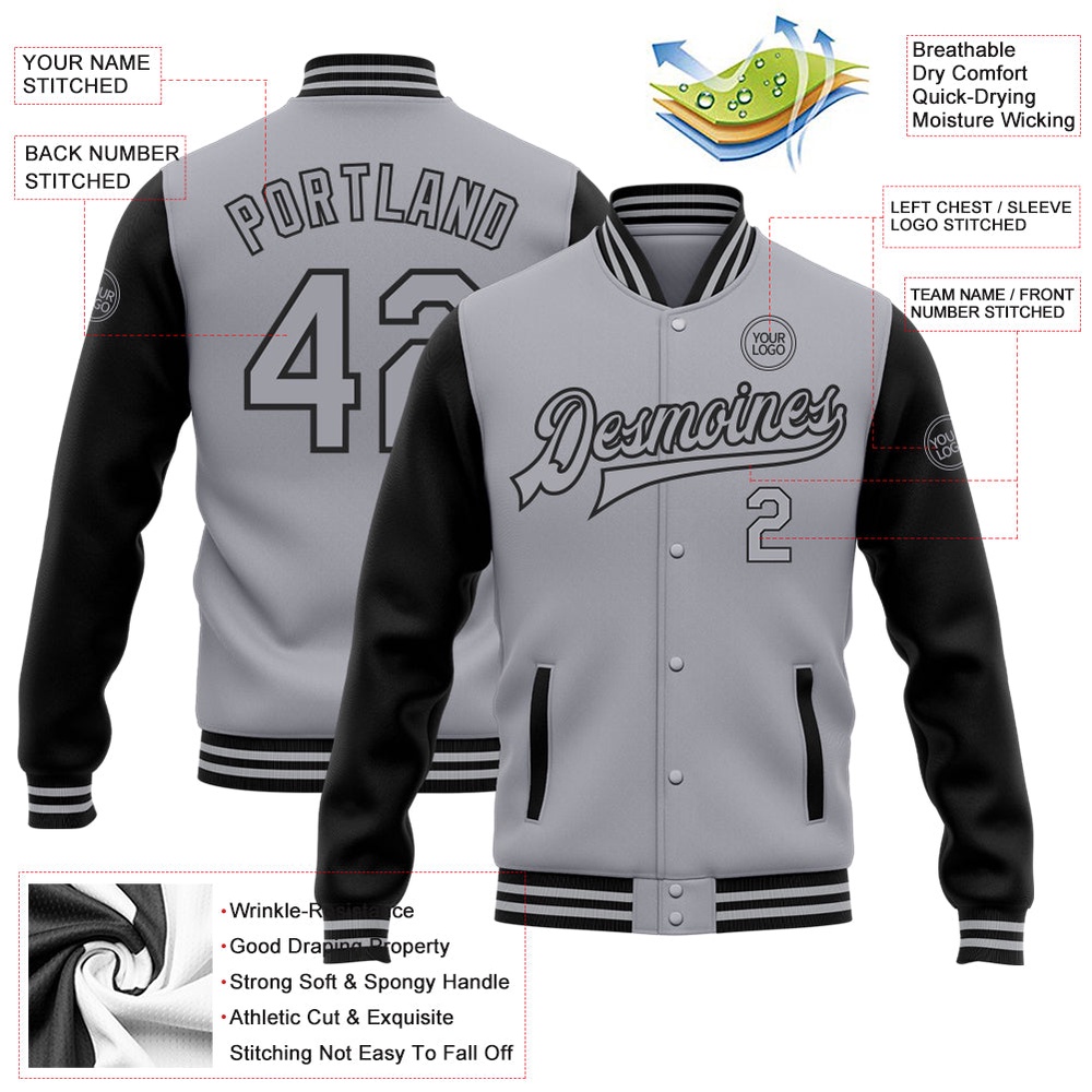 Custom Gray Black Bomber Full Snap Varsity Baseball Jacket, Custom Team Jacket