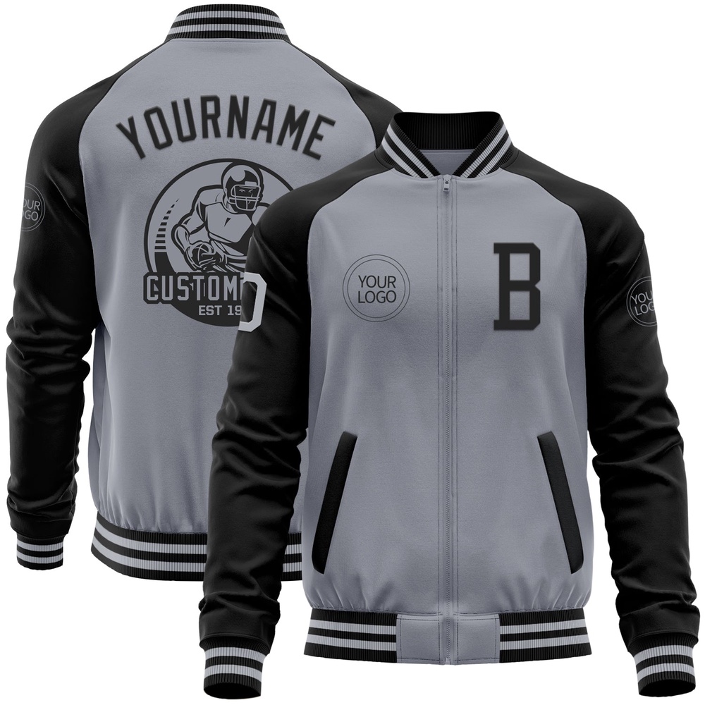 Custom Gray Black Bomber Varsity Baseball Jacket, Custom Team Jacket