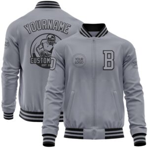Custom Gray Black Bomber Varsity Letterman Zipper&hellip;