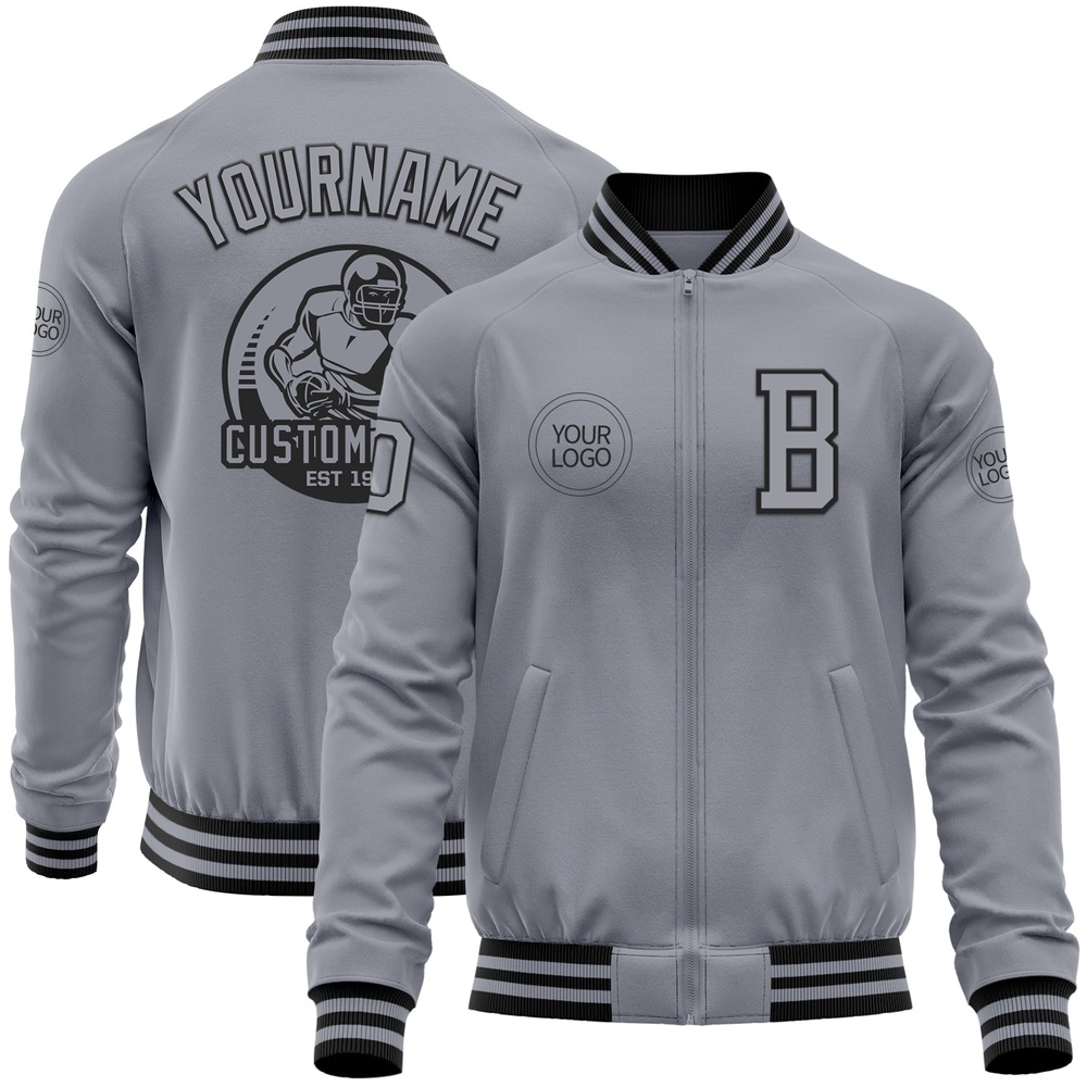 Custom Gray Black Bomber Varsity Letterman Zipper Jacket, Custom Team Jacket