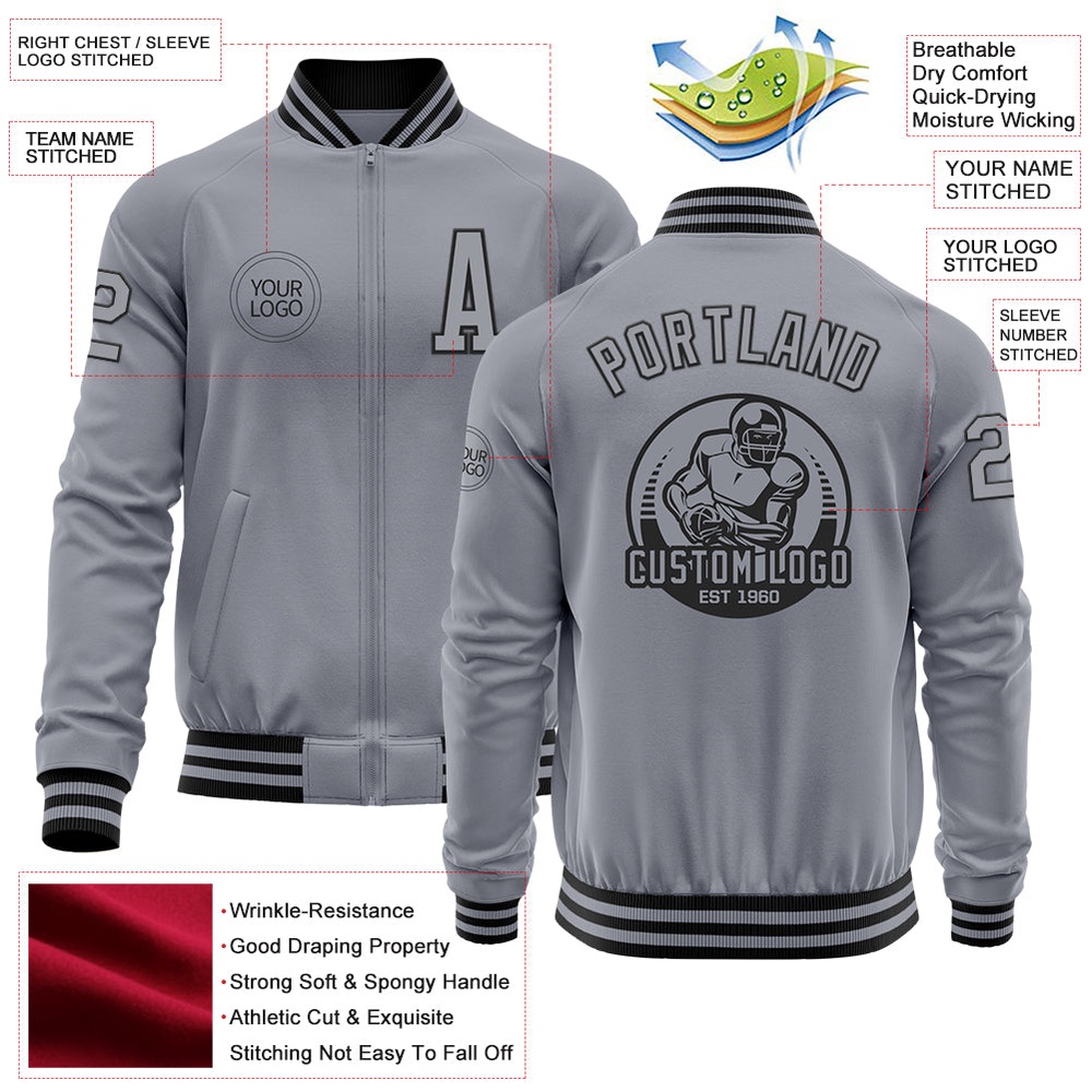 Custom Gray Black Bomber Varsity Letterman Zipper Jacket, Custom Team Jacket
