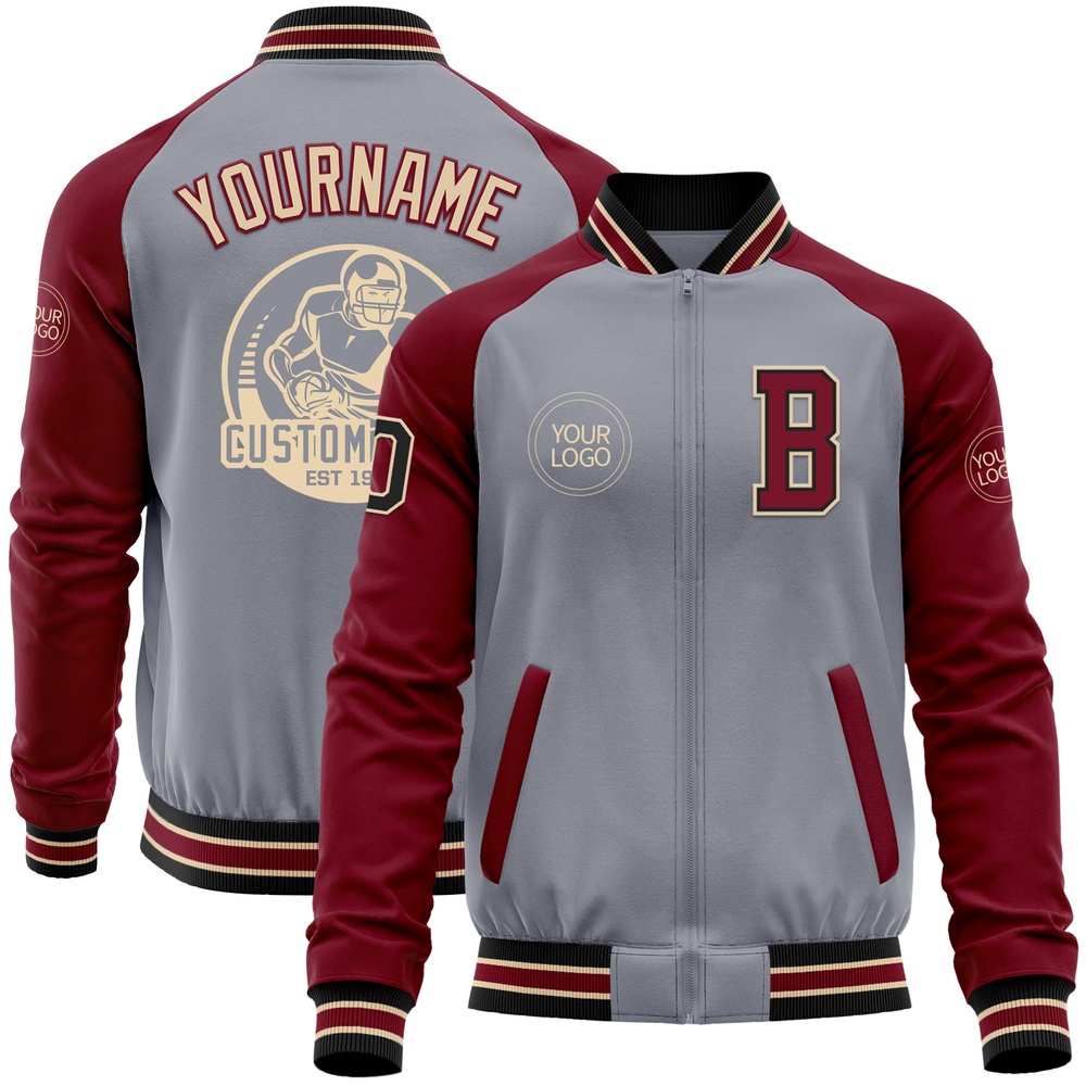 Custom Gray Black City Cream Crimson Varsity Baseball Jacket, Custom Team Jacket