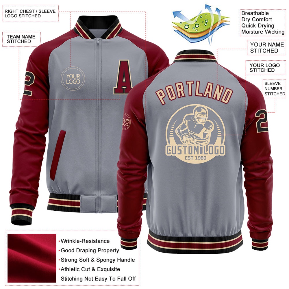 Custom Gray Black City Cream Crimson Varsity Baseball Jacket, Custom Team Jacket