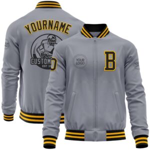 Custom Gray Black Gold Bomber Varsity Baseball&hellip;