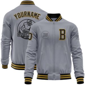 Custom Gray Black Old Gold Bomber Varsity&hellip;