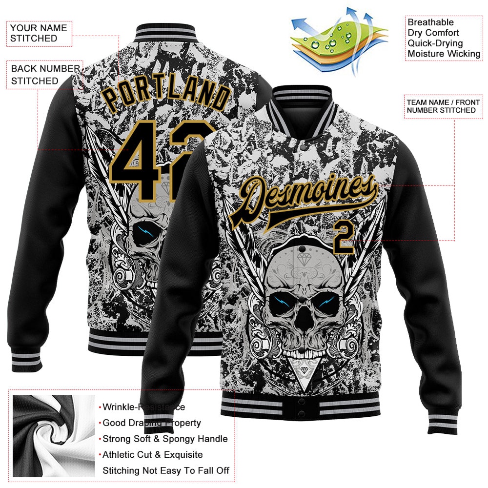 Custom Gray Black Old Gold Skull With Feather 3D Bomber Full Snap Varsity Baseball Jacket, Custom Team Jacket