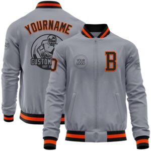 Custom Gray Black Orange Bomber Varsity Letterman&hellip;