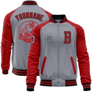 Custom Gray Black Red Bomber Varsity Baseball&hellip;