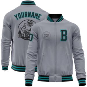 Custom Gray Black Teal Bomber Varsity Baseball&hellip;