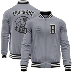 Custom Gray Black White Bomber Varsity Baseball&hellip;