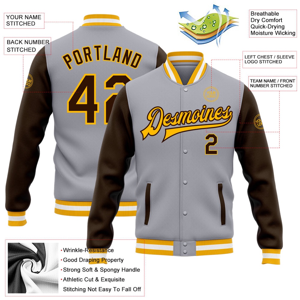 Custom Gray Brown Gold Bomber Full Snap Varsity Baseball Jacket, Custom Team Jacket