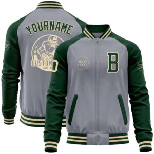 Custom Gray Cream Green Bomber Varsity Baseball&hellip;