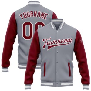Custom Gray Crimson White Bomber Full Snap&hellip;