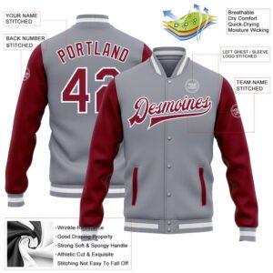 Custom Gray Crimson White Bomber Full Snap Varsity Baseball Jacket Custom Team Jacket 2 ncqjig.jpg