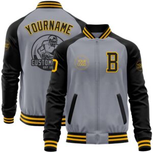 Custom Gray Gold Black Bomber Varsity Baseball&hellip;