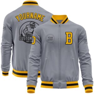 Custom Gray Gold Black Bomber Varsity Letterman&hellip;