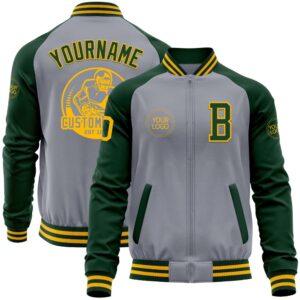 Custom Gray Gold Green Bomber Varsity Baseball&hellip;