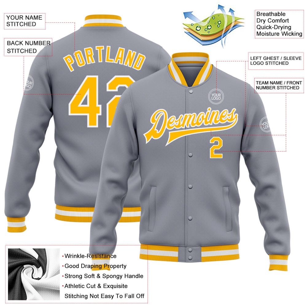 Custom Gray Gold White Bomber Full Snap Baseball Jacket, Custom Team Jacket
