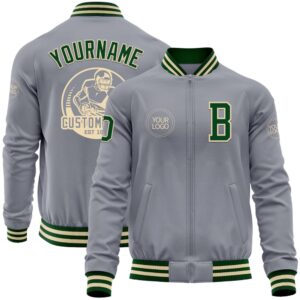 Custom Gray Green Cream Bomber Varsity Baseball&hellip;