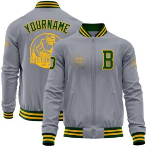 Custom Gray Green Gold Bomber Varsity Baseball&hellip;