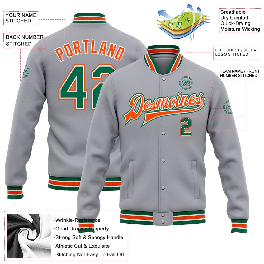 Custom Gray Kelly Green Orange Bomber Full Snap Baseball Jacket, Custom Team Jacket