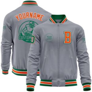 Custom Gray Kelly Green Orange Bomber Varsity&hellip;