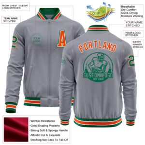 Custom Gray Kelly Green Orange Bomber Varsity Letterman Zipper Jacket Custom Team Jacket 2 clazej.jpg