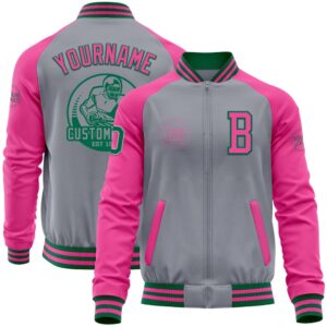 Custom Gray Kelly Green Pink Bomber Varsity&hellip;