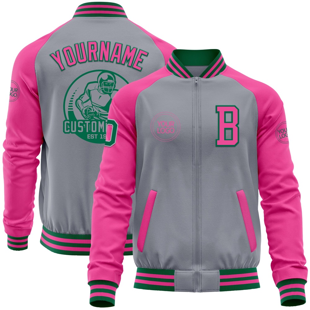 Custom Gray Kelly Green Pink Bomber Varsity Baseball Jacket, Custom Team Jacket