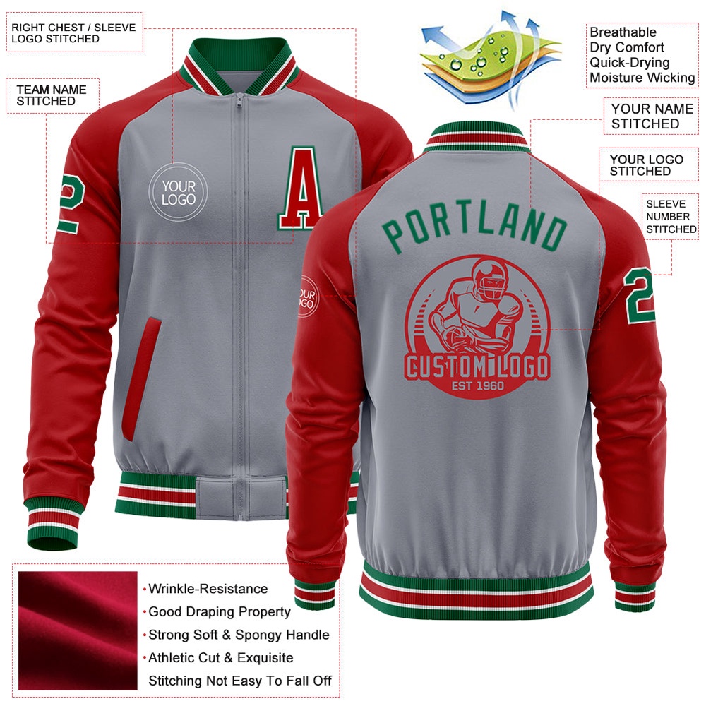 Custom Gray Kelly Green Red Bomber Varsity Baseball Jacket, Custom Team Jacket