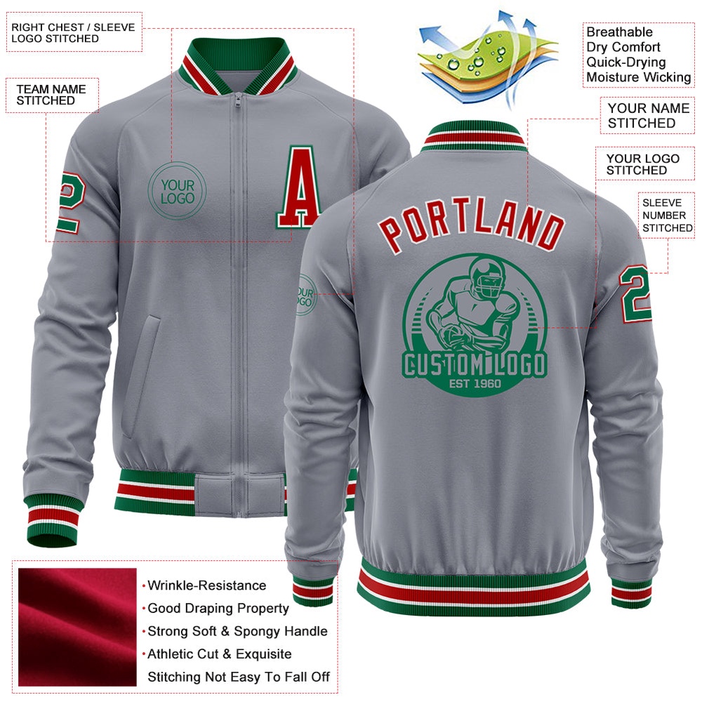 Custom Gray Kelly Green Red Bomber Varsity Letterman Zipper Jacket, Custom Team Jacket