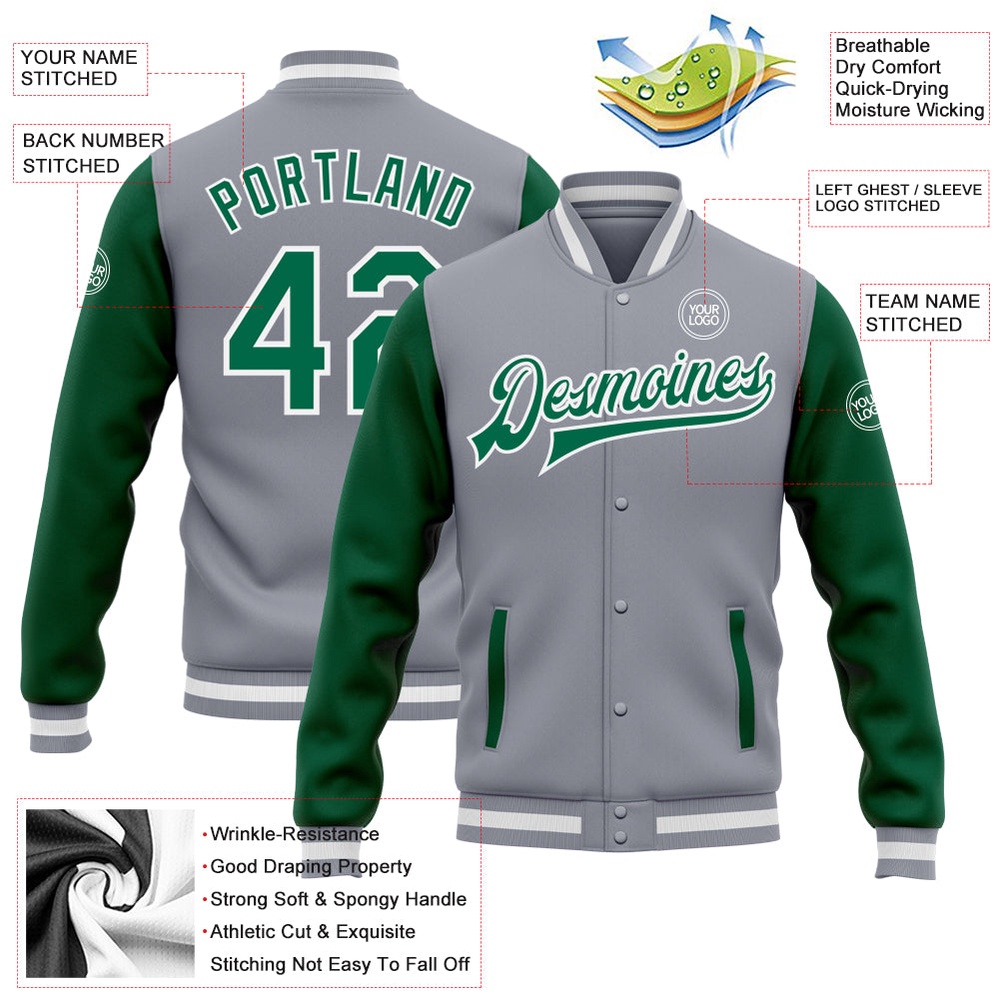 Custom Gray Kelly Green White Bomber Full Snap Varsity Baseball Jacket, Custom Team Jacket