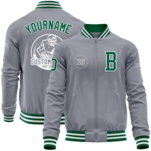 Custom Gray Kelly Green White Bomber Varsity&hellip;