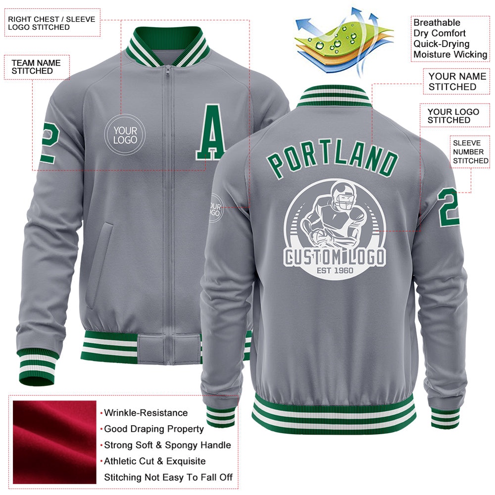 Custom Gray Kelly Green White Bomber Varsity Baseball Jacket, Custom Team Jacket