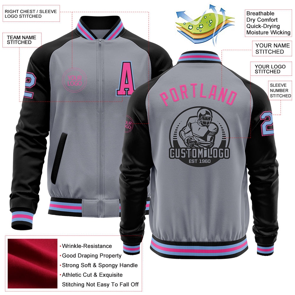 Custom Gray Light Blue Black Pink Bomber Varsity Baseball Jacket, Custom Team Jacket