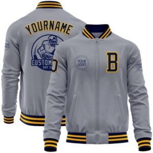 Custom Gray Navy Gold Bomber Varsity Baseball&hellip;