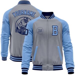 Custom Gray Navy Light Blue Bomber Varsity&hellip;