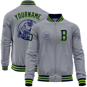 Custom Gray Navy Neon Green Bomber Varsity&hellip;
