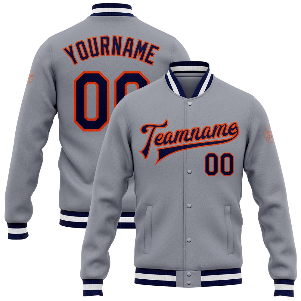 Custom Gray Navy Orange Bomber Full Snap Baseball Jacket, Custom Team Jacket