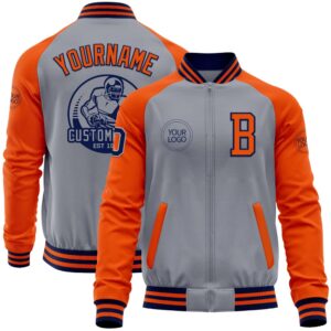 Custom Gray Navy Orange Bomber Varsity Baseball&hellip;